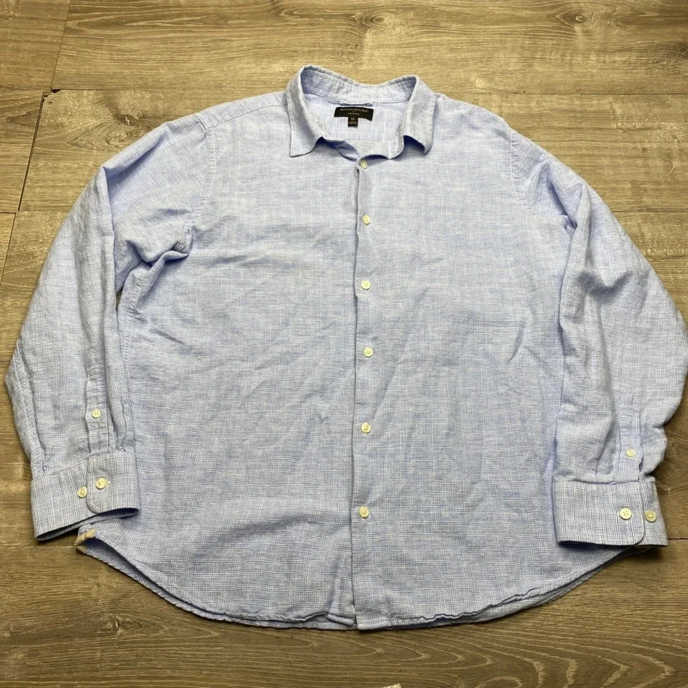 Banana Republic Button Up Shirt Mens XL Blue Linen Check Casual Long Sleeve